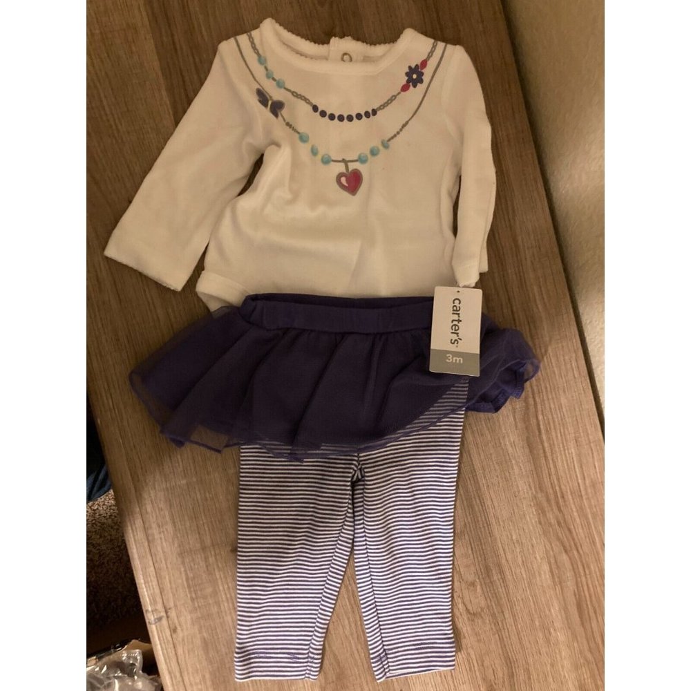 Carter's Long Sleeve Bodysuit Outfit Set 3 Months White Purple Tulle NWT Stripes